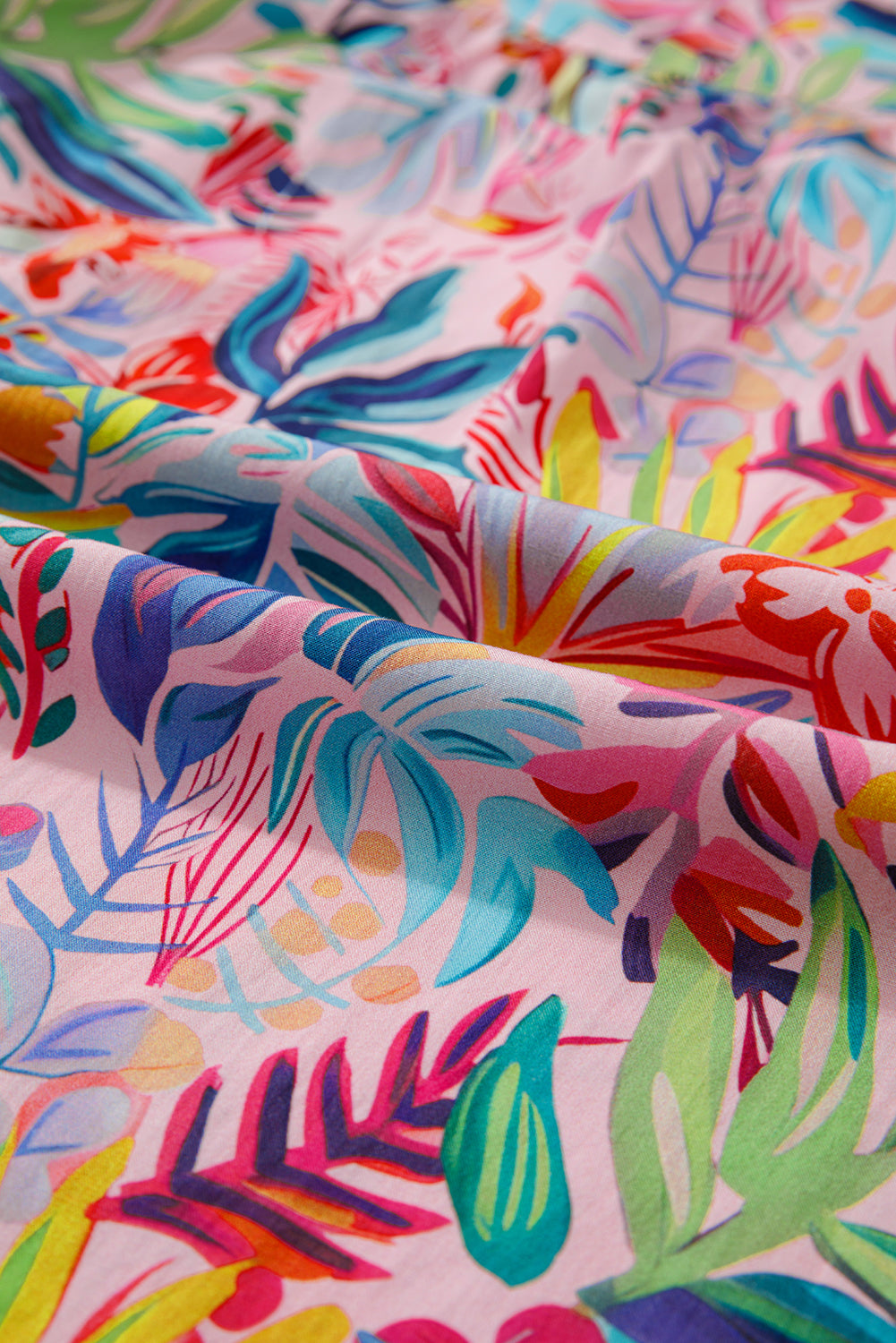 Pink Tropical Floral Print Frilly Notched Neck Ruffled Short Sleeve Blouse
