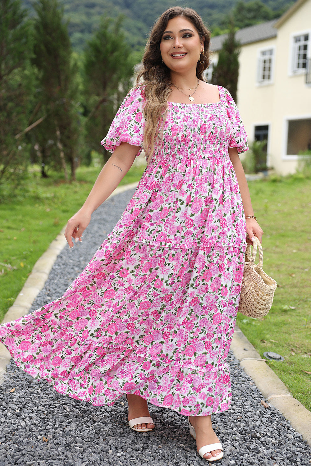 Pink Dainty Floral Smocked Puff Sleeve Flowy Long Dress