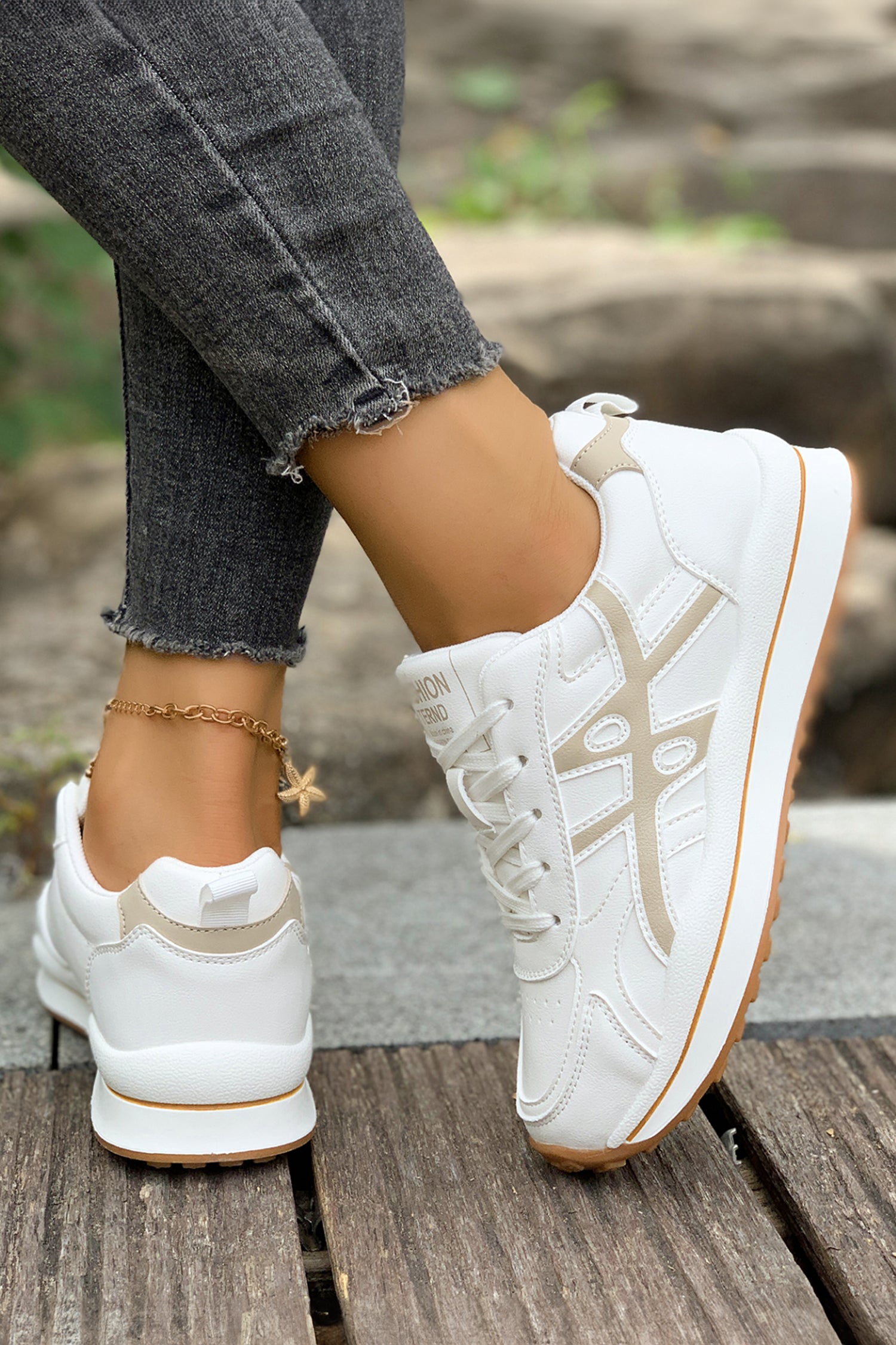 White Playful Contrast Color Detail Lace Up Womens Sneakers