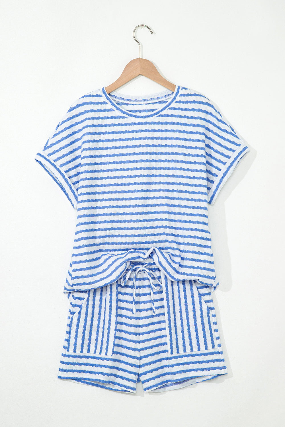 Pink Stripe Knitted Short Sleeve Top and Drawstring Shorts Set