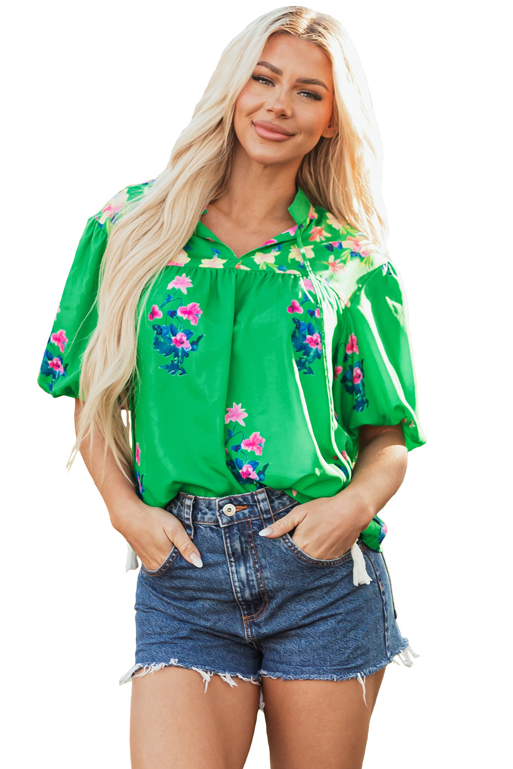 Green Floral Detail Tie Split Neck Short Sleeve Blouse