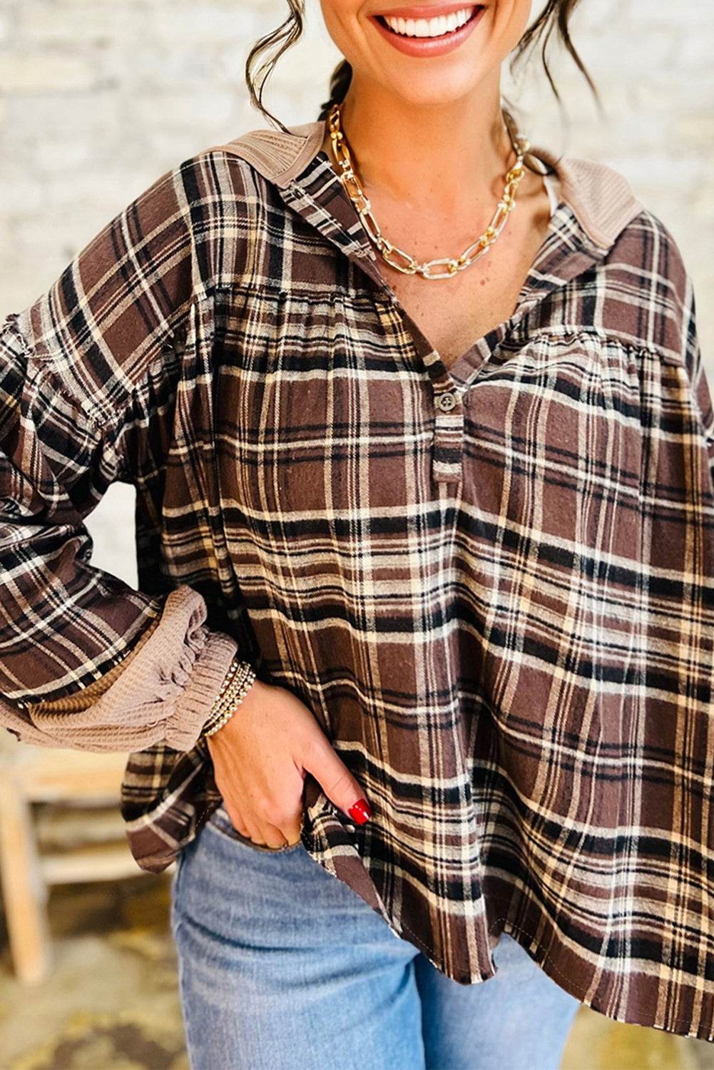 Gray Plaid Patchwork Long Sleeve Button Hooded Blouse