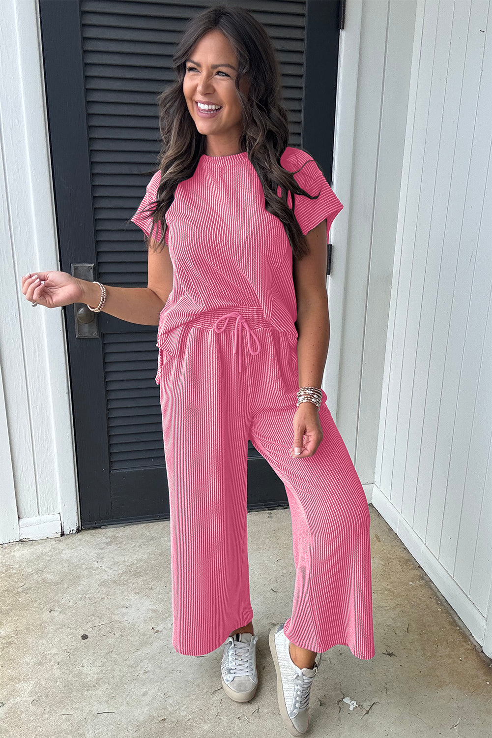 Blue Solid Corded Knit Short Sleeve T Shirt and Wide Leg Pants Set