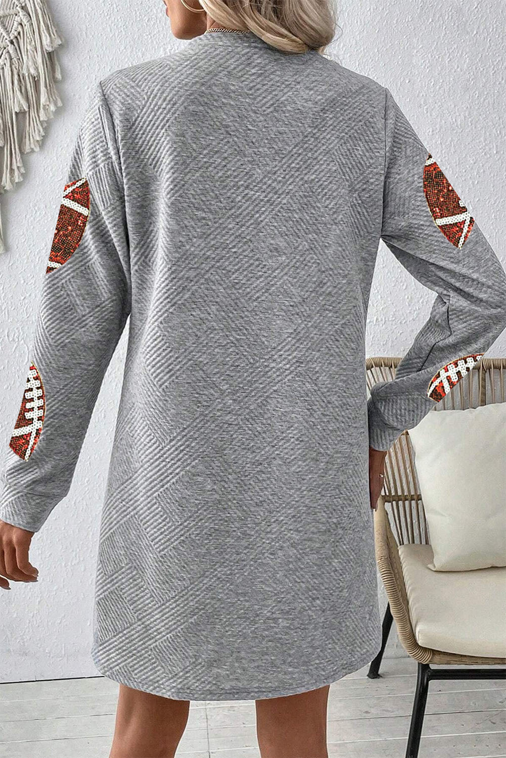 Gray Solid Color Textured Long Sleeve Shift Dress