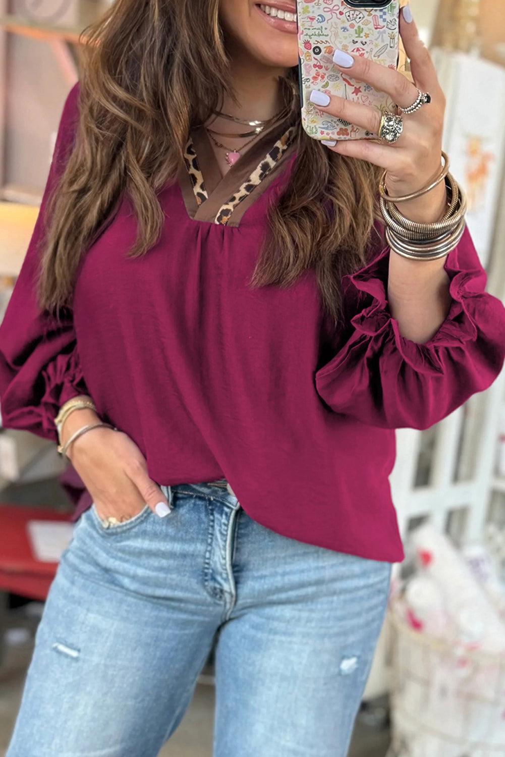 Dirty blue Leopard Trim V Neck Flounced Bracelet Sleeve Blouse
