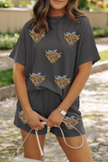 Carbon Grey Sequin Heifer Patched 2pcs Twisted Ribbed Casual Short Set