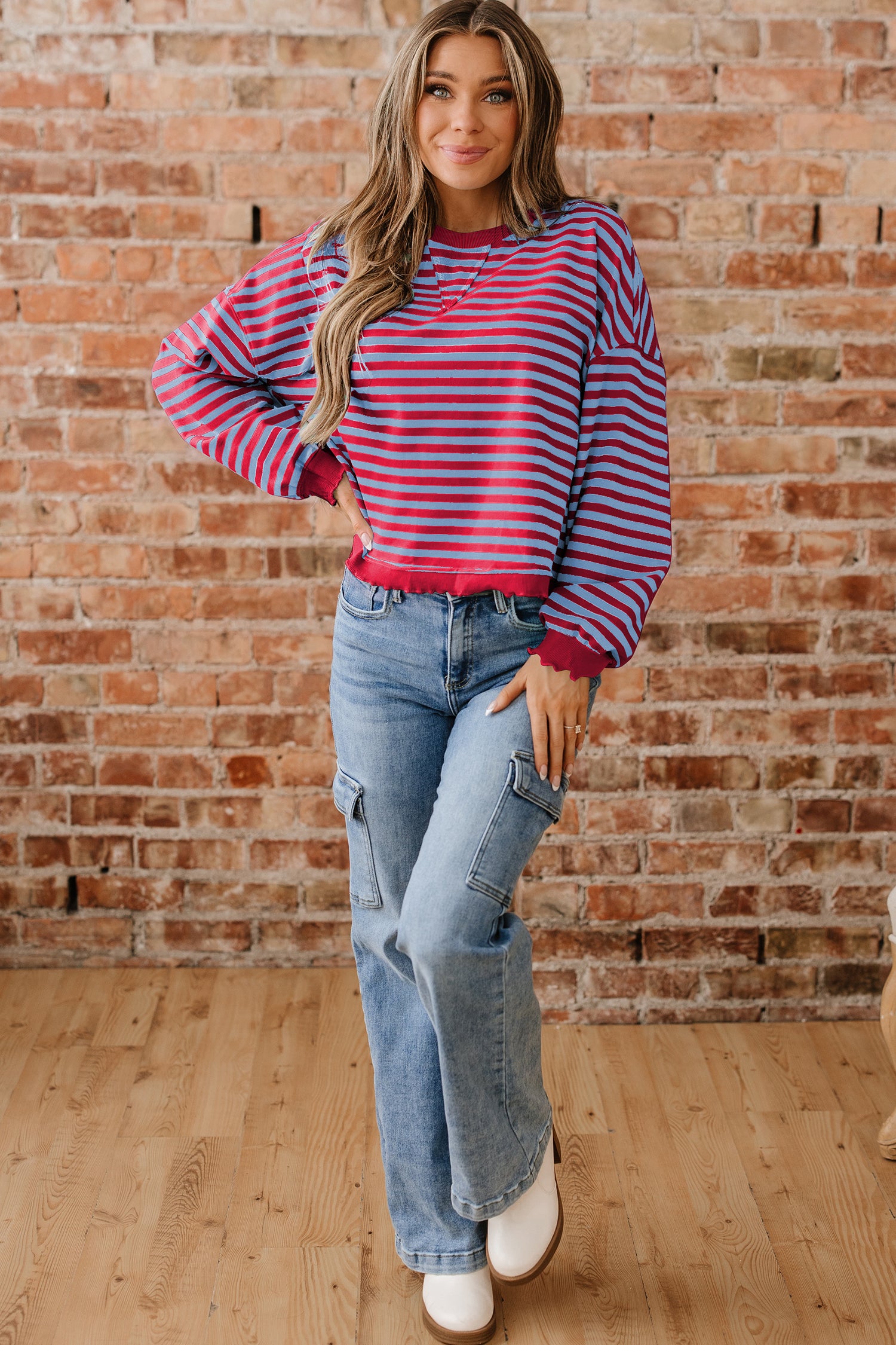 Green Stripe Exposed Seam Contrast Ribbed Trim Oversize Sweatshirt