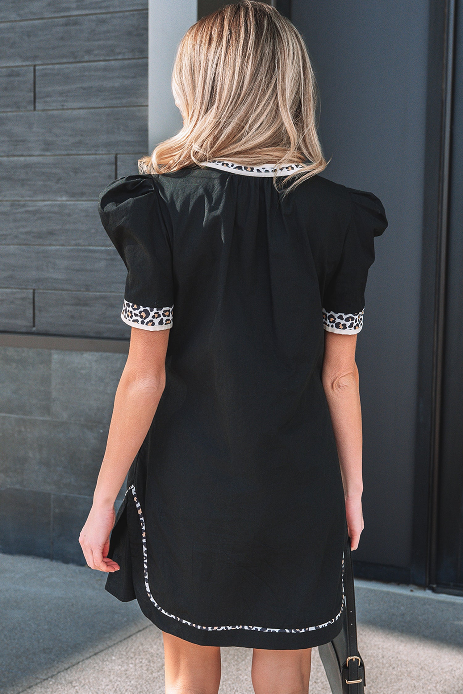 Buckskin Contrast Leopard Trim Split Neck Puff Sleeve Blouse