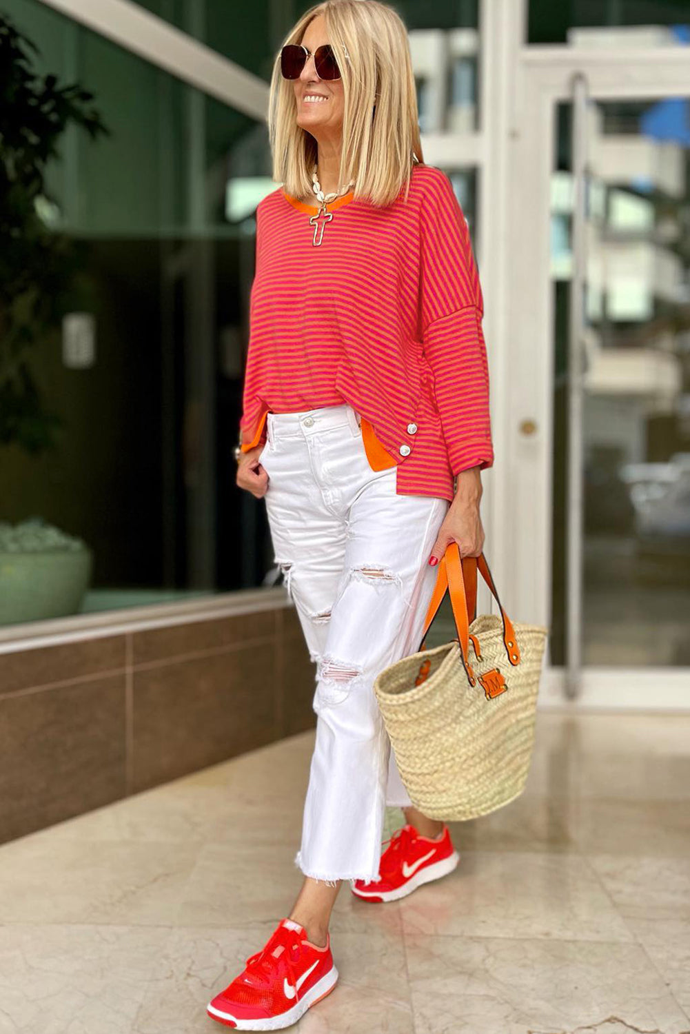 Orange Stripe Plus Size Drop Shoulder Long Sleeve Buttoned Decor Top