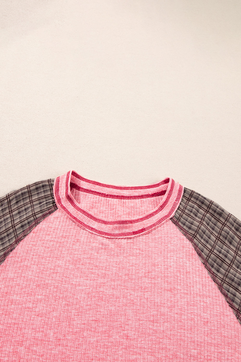Fushia Mixed Print Raglan Sleeve Ribbed Knit Patchwork Blouse