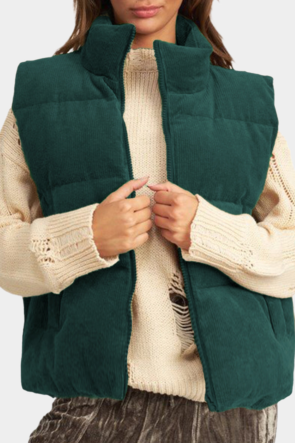 Beige Corduroy Stand Neck Zipped Puffer Vest
