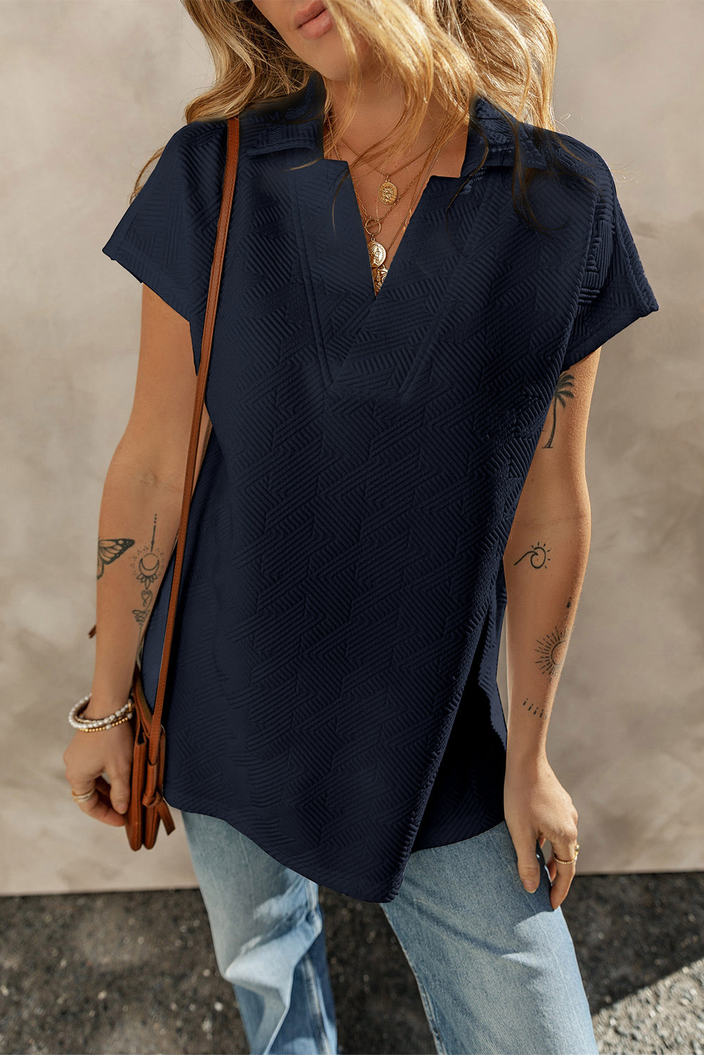 Rose Red Textured V Neck Collared Short Sleeve Top
