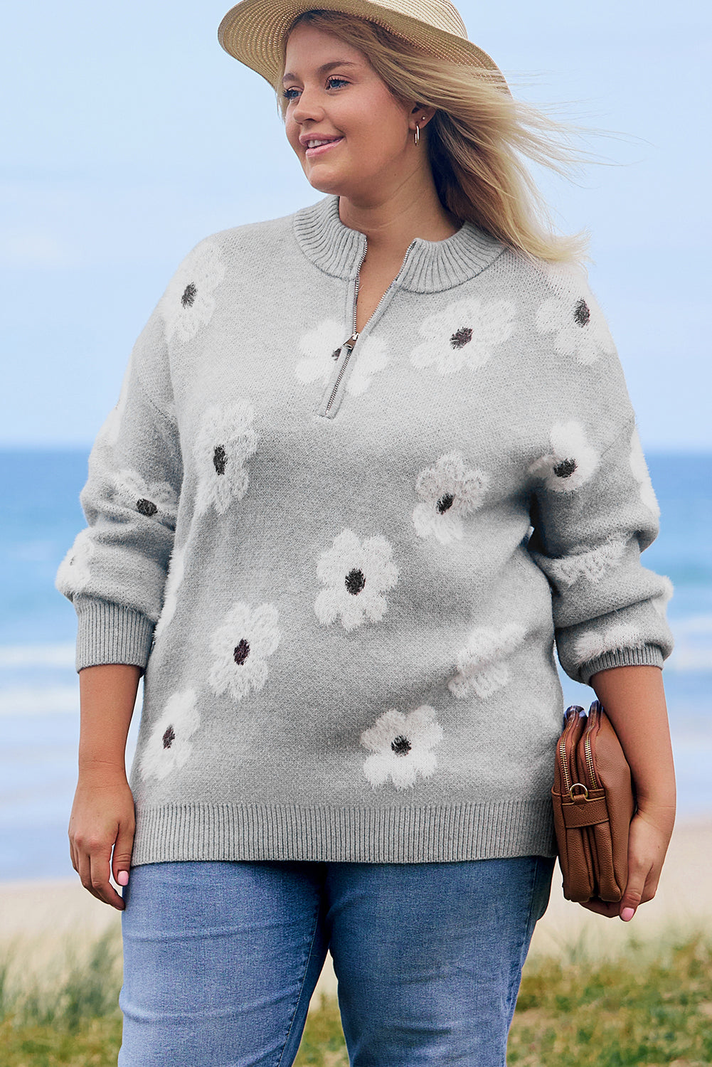 Khaki Floral Pattern Half Zip Drop Shoulder Sweater