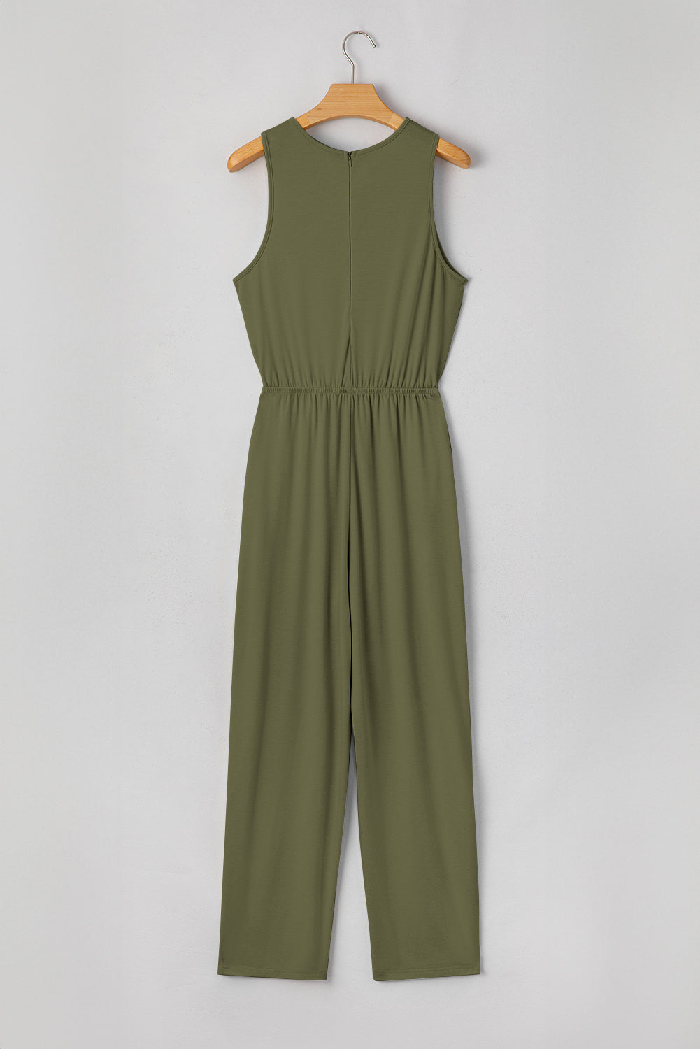 Four Leaf Clover Solid Color Pleated Detail Elastic Waist Sleeveless Jumpsuit