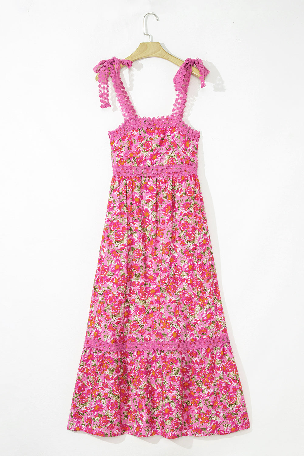 Pink Floral Lace Tied Strap Empire Waist Maxi Dress