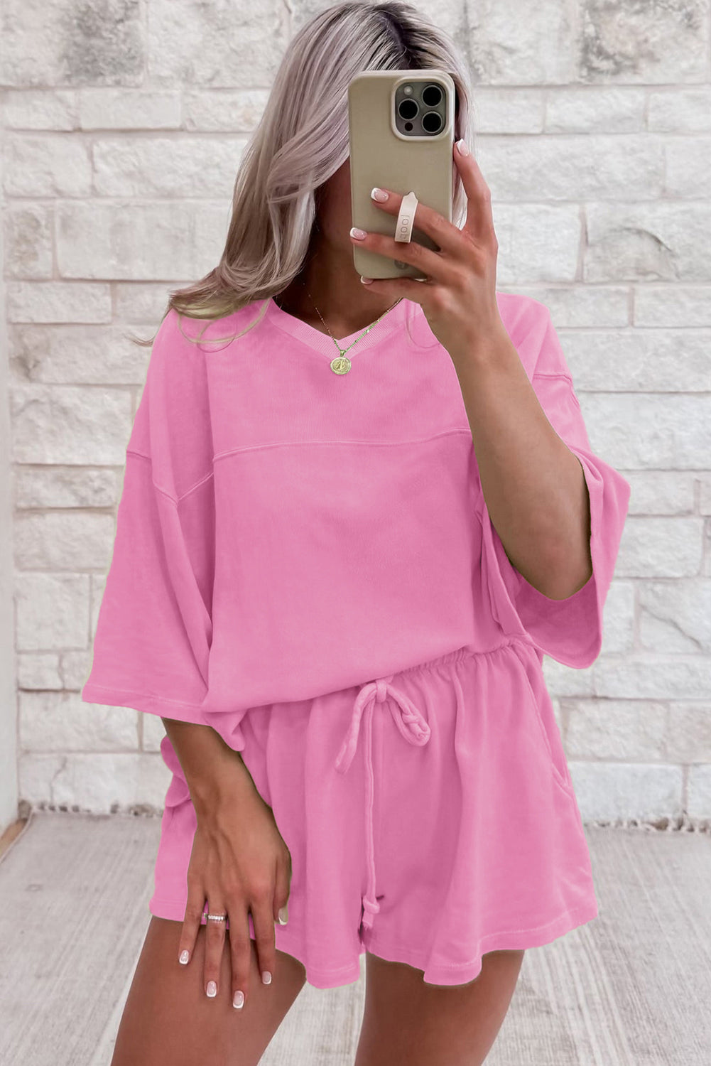Meadow Mist Green Solid Loose V Neck Half Sleeve Tee and Shorts