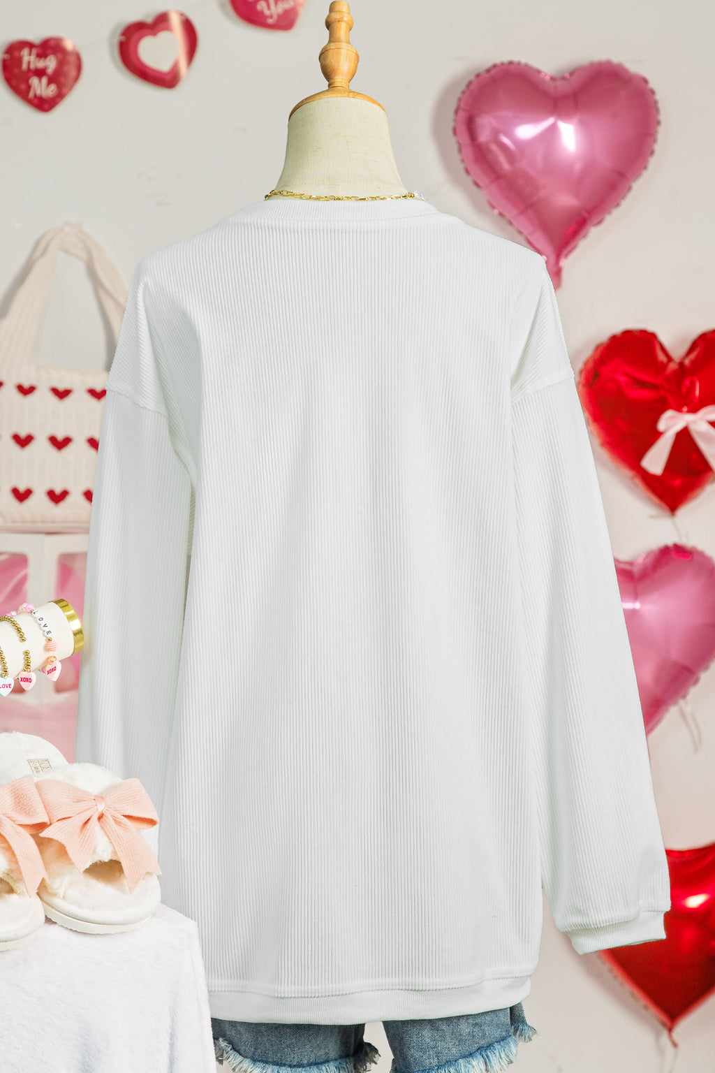 White Sequin Love Heart Pattern Corded Valentines Sweatshirt