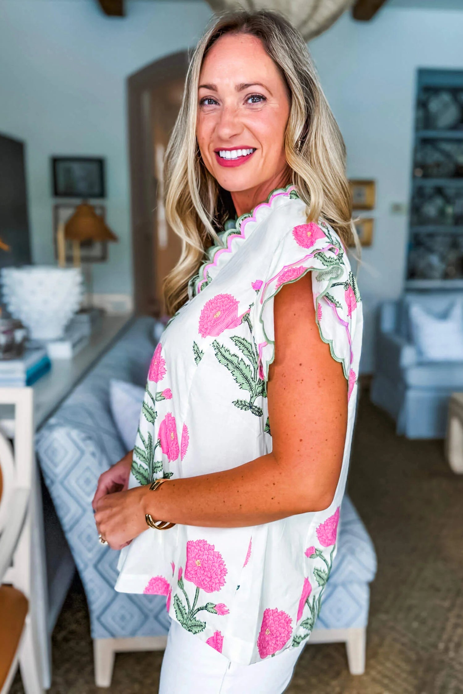 Blue Wild Flower Print Contrast Trim Scallop Detail Short Sleeve Blouse