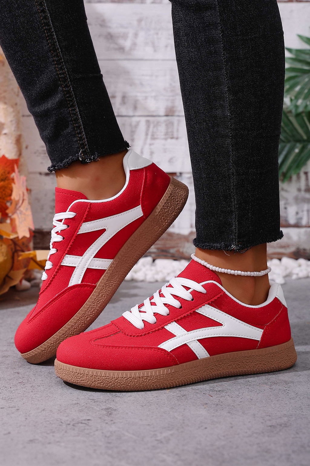Coffee Faux Suede Contrast Patchwork Detail Lace Up Flat Sneakers
