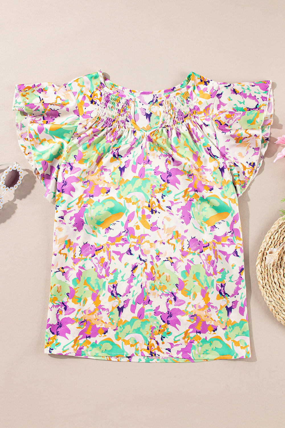 Purple Abstract Printed Ruffled Short Sleeve Notched Neck Blouse