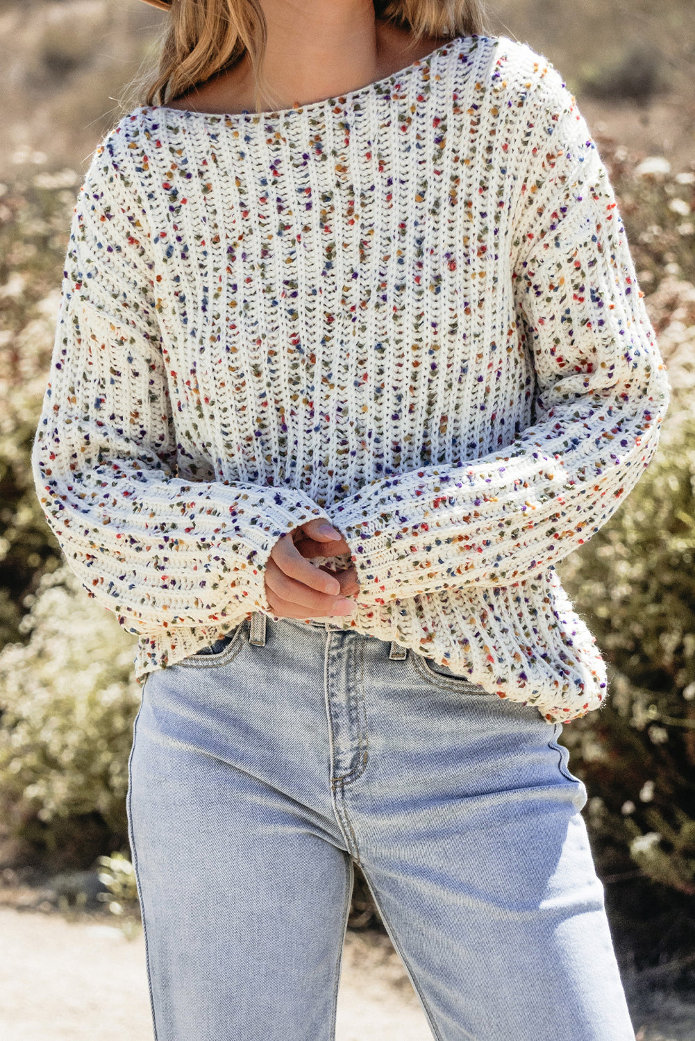 White Confetti Rib Knit Long Sleeve Cardigan