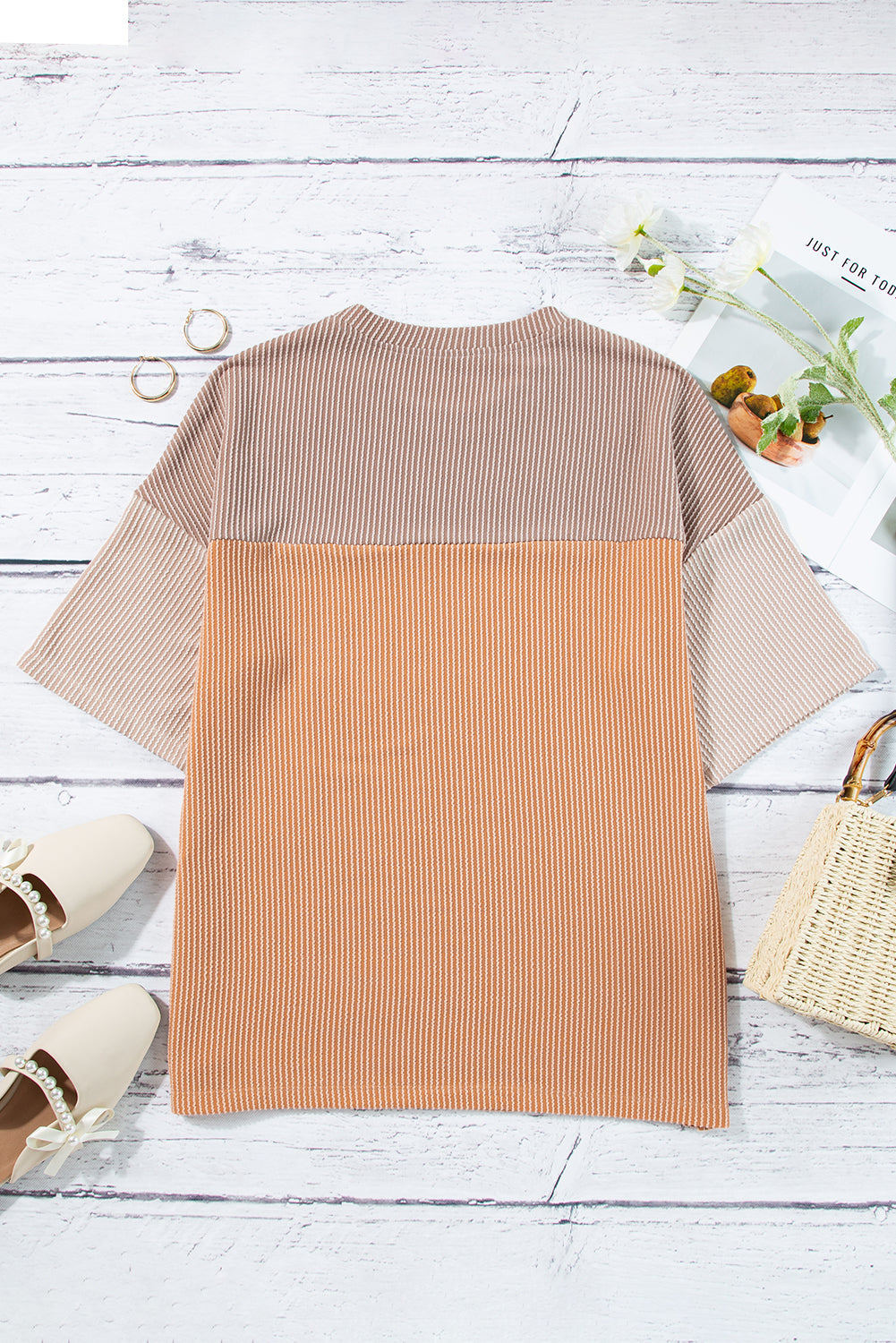 Pink Color Block Ribbed Side Slits Half Sleeve Top