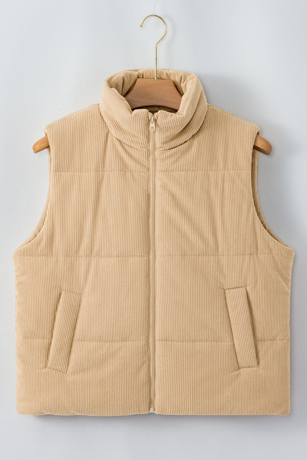 Beige Corduroy Stand Neck Zipped Puffer Vest