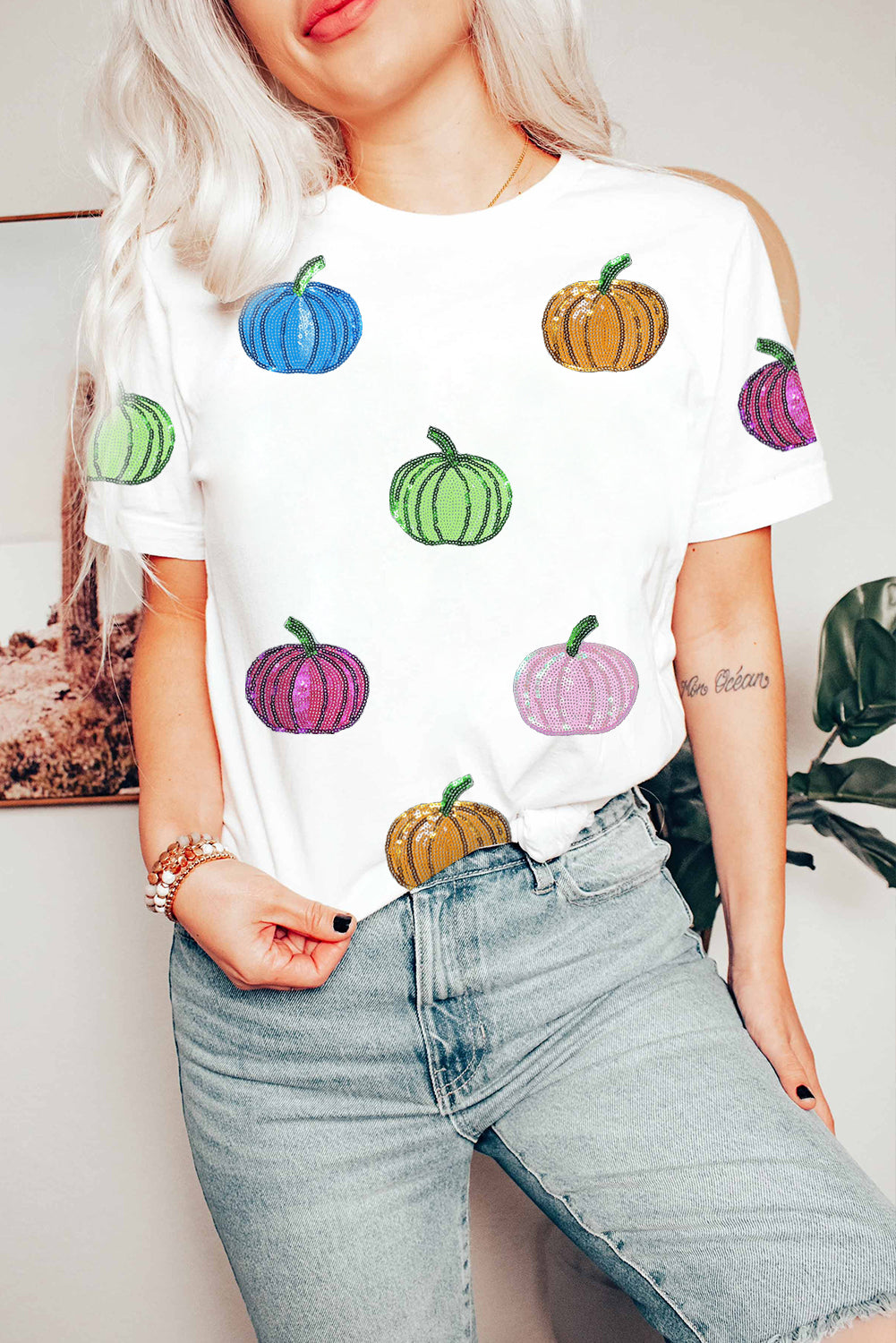 White Colorful Pumpkin Sequin Patched Drop Shoulder Sweatshirt