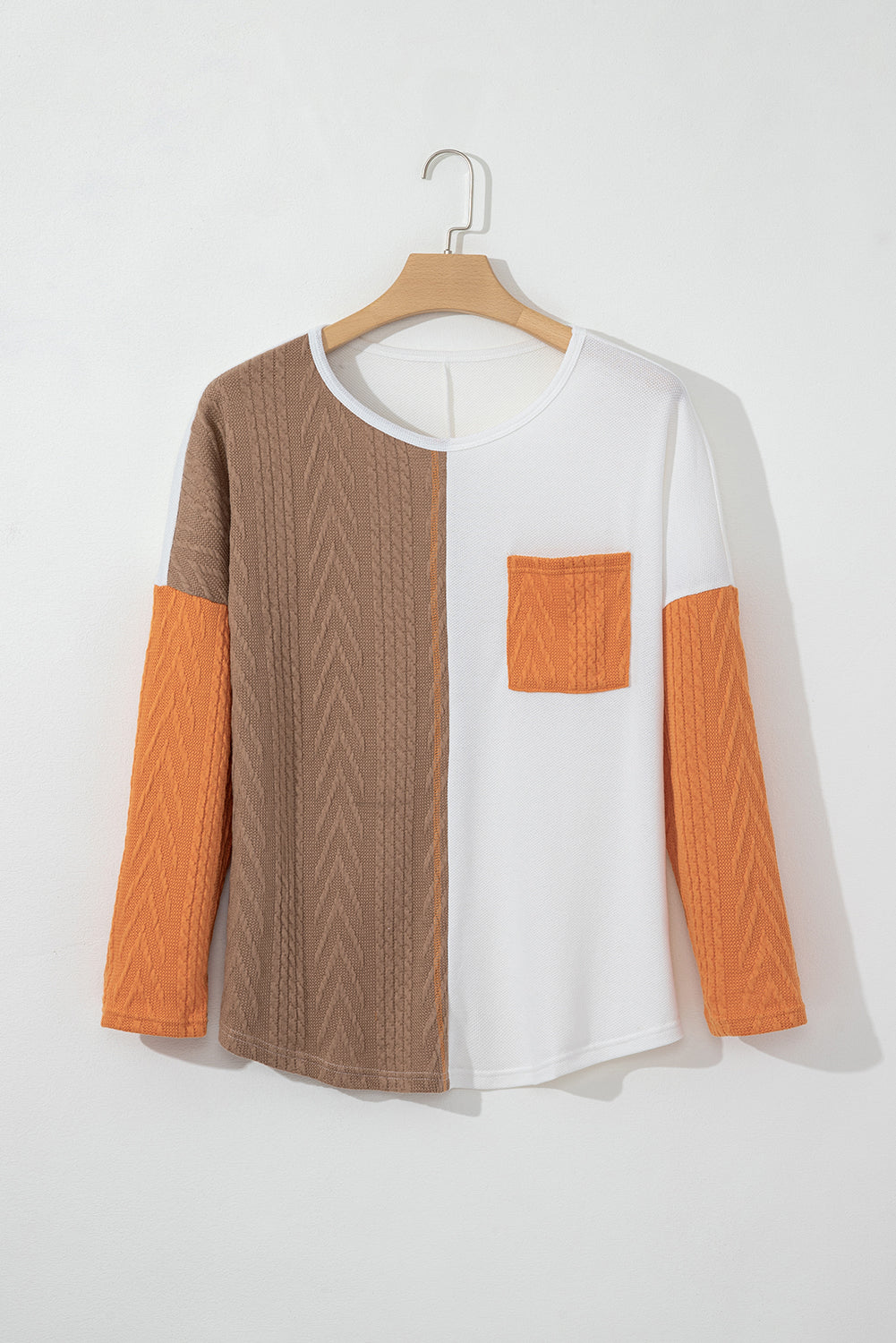 Orange Long Sleeve Colorblock Chest Pocket Textured Knit Top