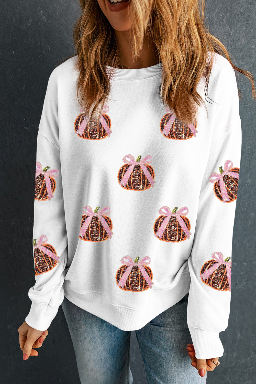 White Colorful Pumpkin Sequin Patched Drop Shoulder Sweatshirt