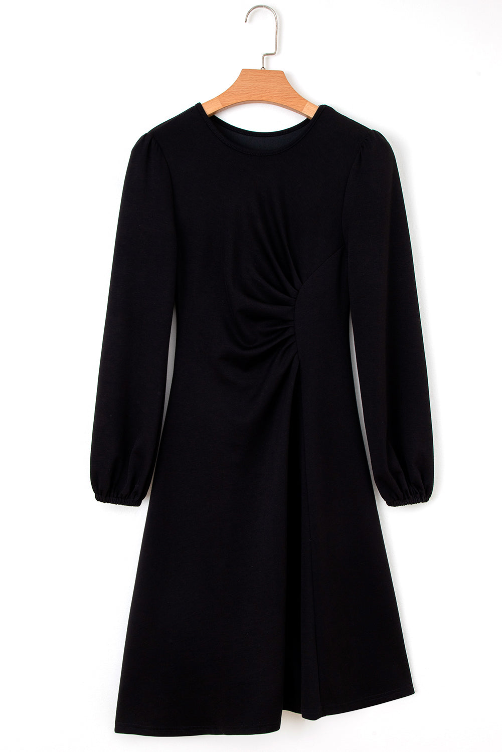 Fiery Red Solid Color Ruched Detail Long Sleeve Midi Dress