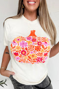 White Floral Pumpkin Cracking Print Thanksgiving Fashion T Shirt
