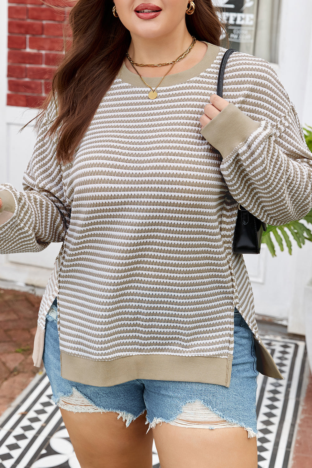 Red Stripe Ribbed Trim Drop Shoulder Long Sleeve Oversize Top