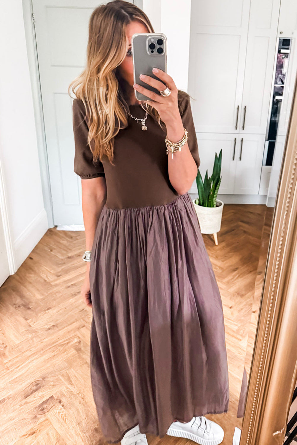 Black Short Sleeve Knit Top Patchwork Pleated Long Dress