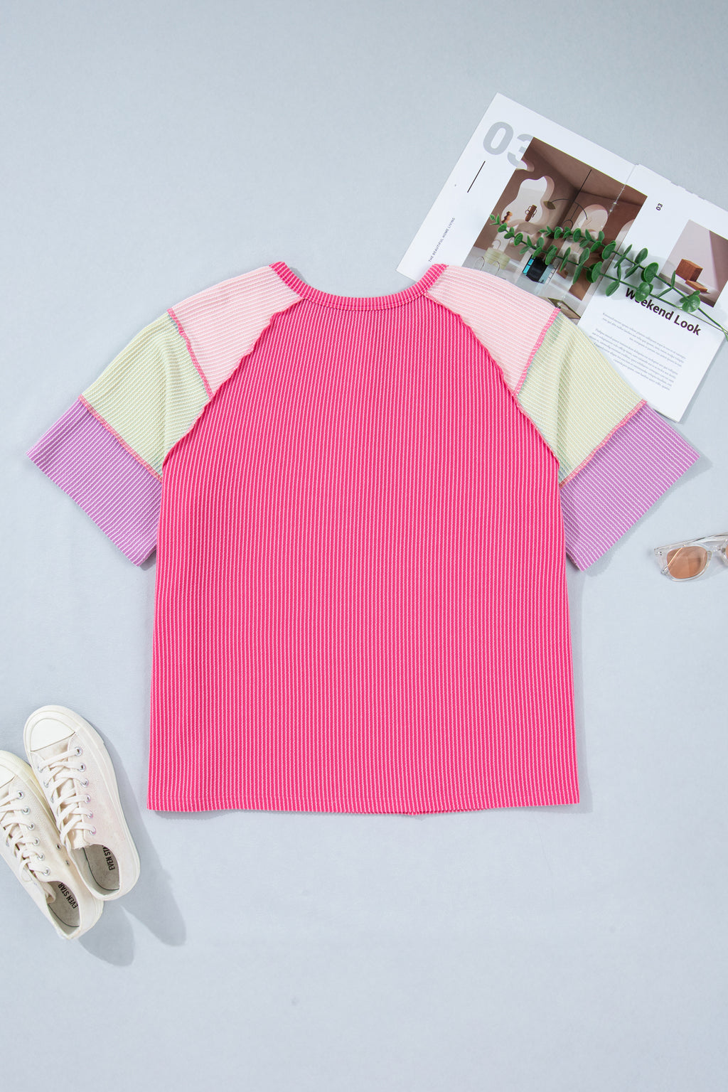 Bright Pink Twisted Ribbed Color Block Patchwork Henley Short Sleeve T Shirt