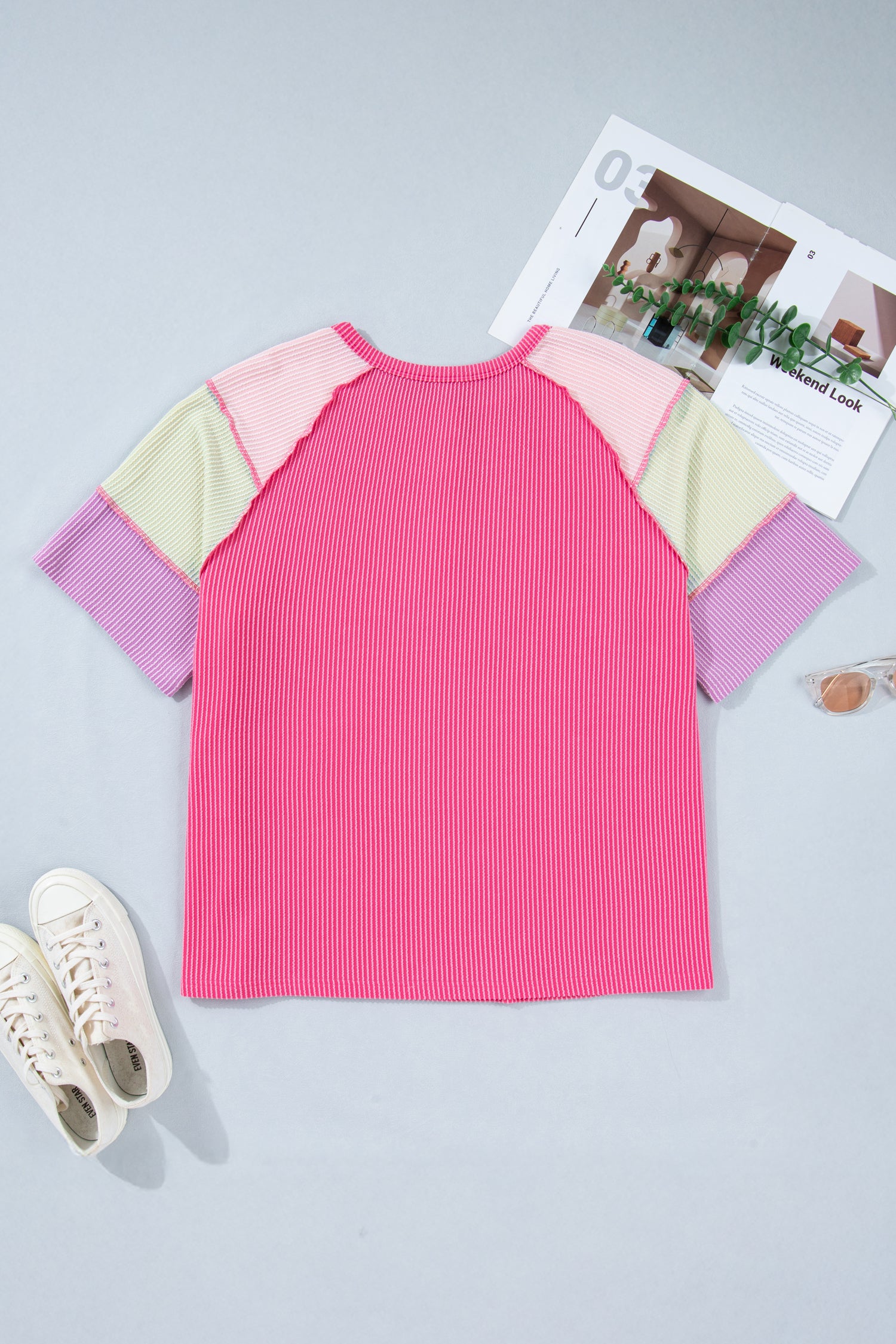 Bright Pink Twisted Ribbed Color Block Patchwork Henley Short Sleeve T Shirt