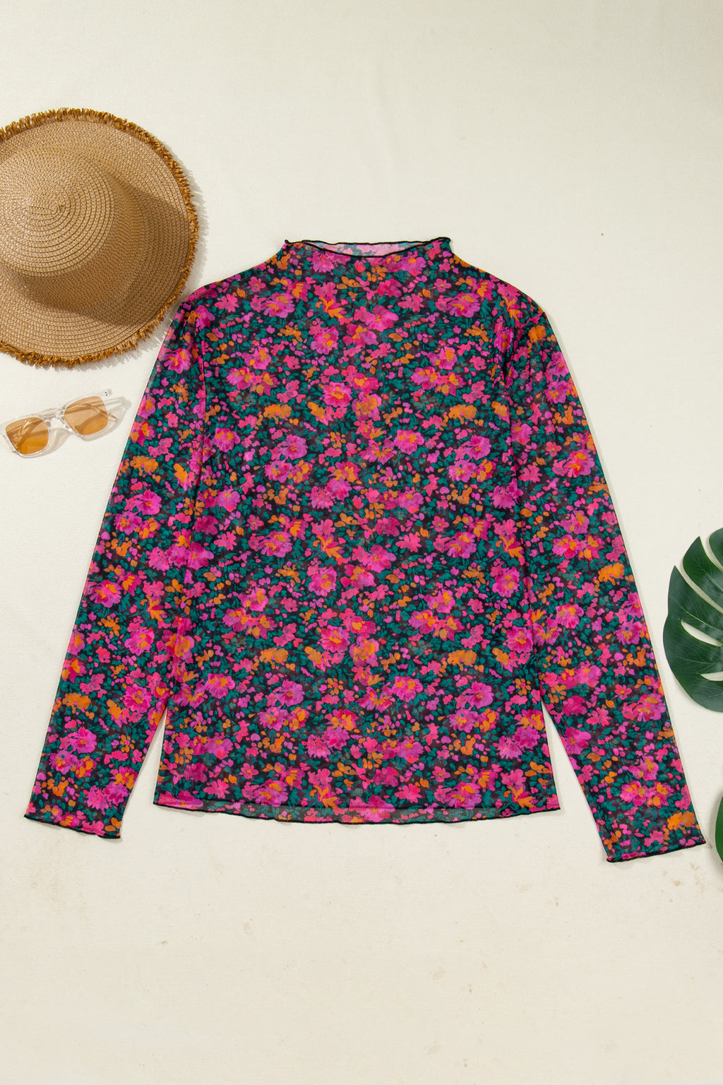 Rose Retro Floral Printed Mesh Short Sleeve Top