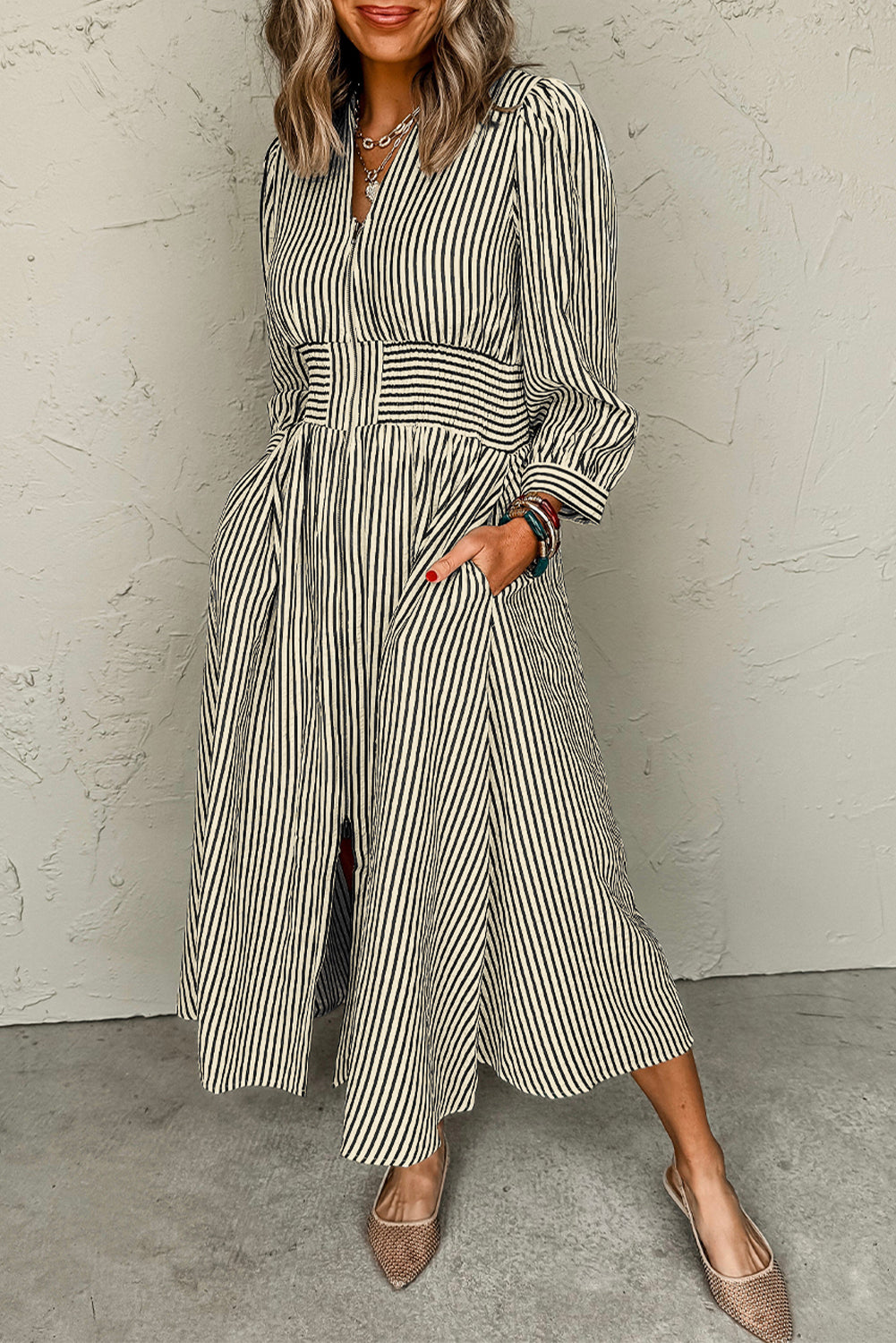 Coffee Plaid Print Full Zipper Cinched Waist Fit Flare Sleeveless Maxi Dress
