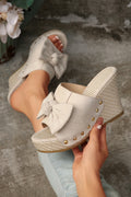 White Bow Knot Decor Faux Suede Woven Wedge Slippers