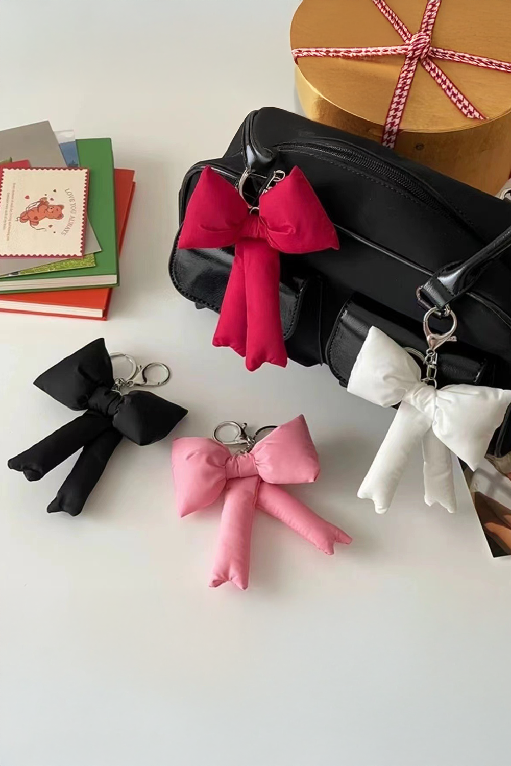 Pink Gingham Puffer Bow Knot Bag Pendant Keychain