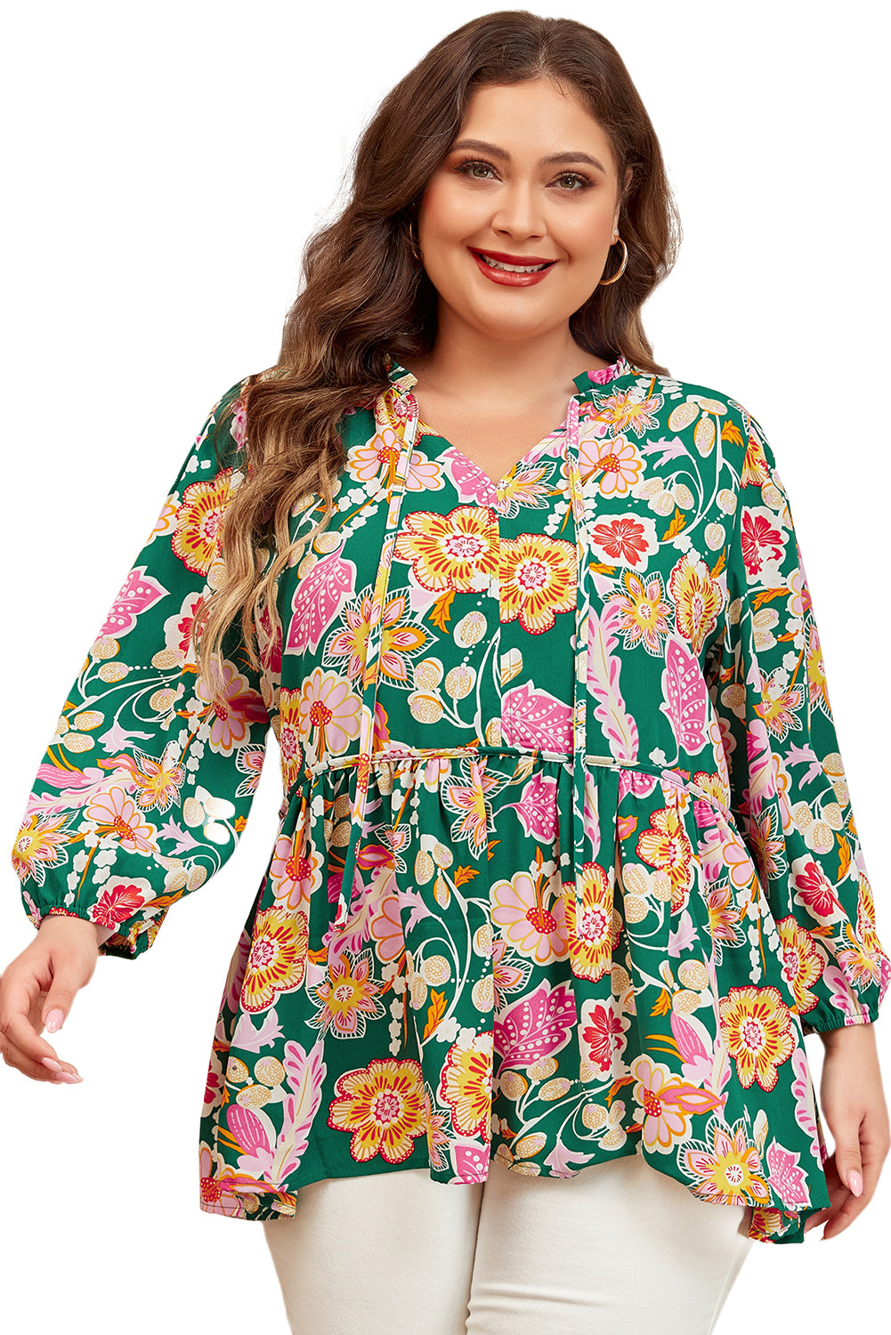 Green Floral Puff Sleeve V Neck Peplum Blouse