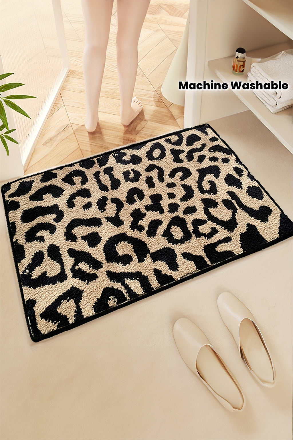 Light French Beige Leopard Faux Cashmere Wool Spinning Entrance Mat