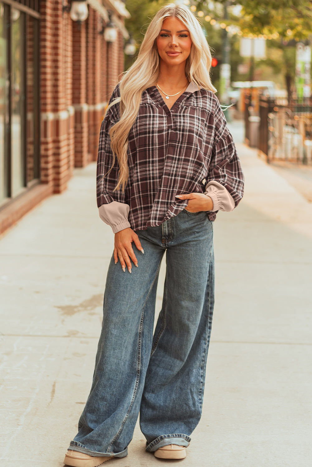 Gray Plaid Patchwork Long Sleeve Button Hooded Blouse