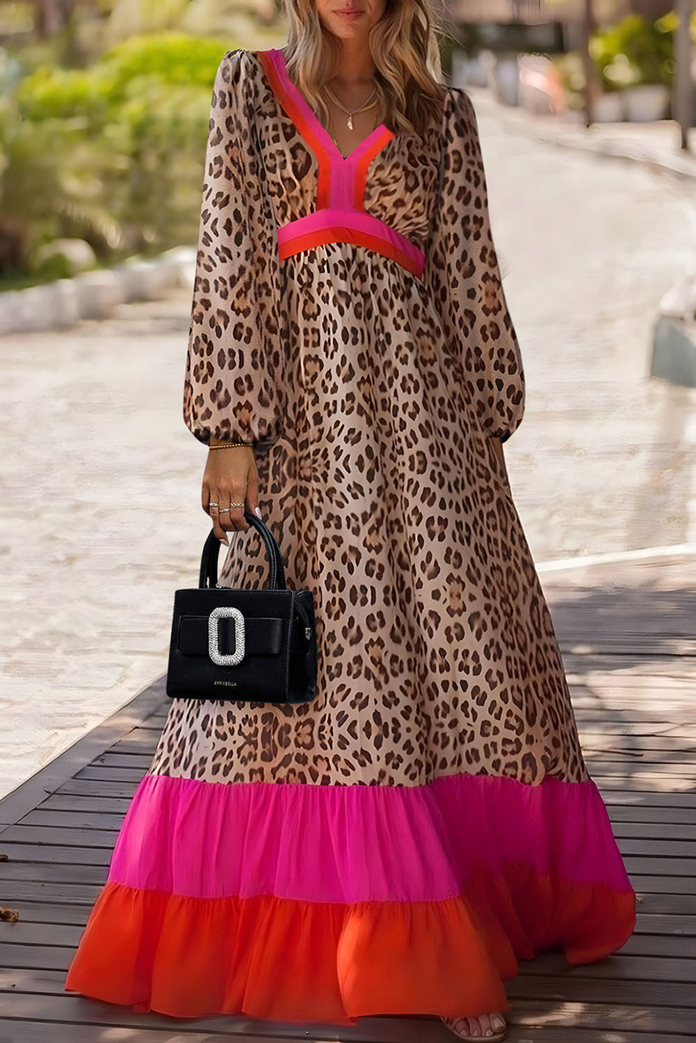 Khaki Cheetah Color Block V Neck Balloon Sleeve Babydoll Blouse