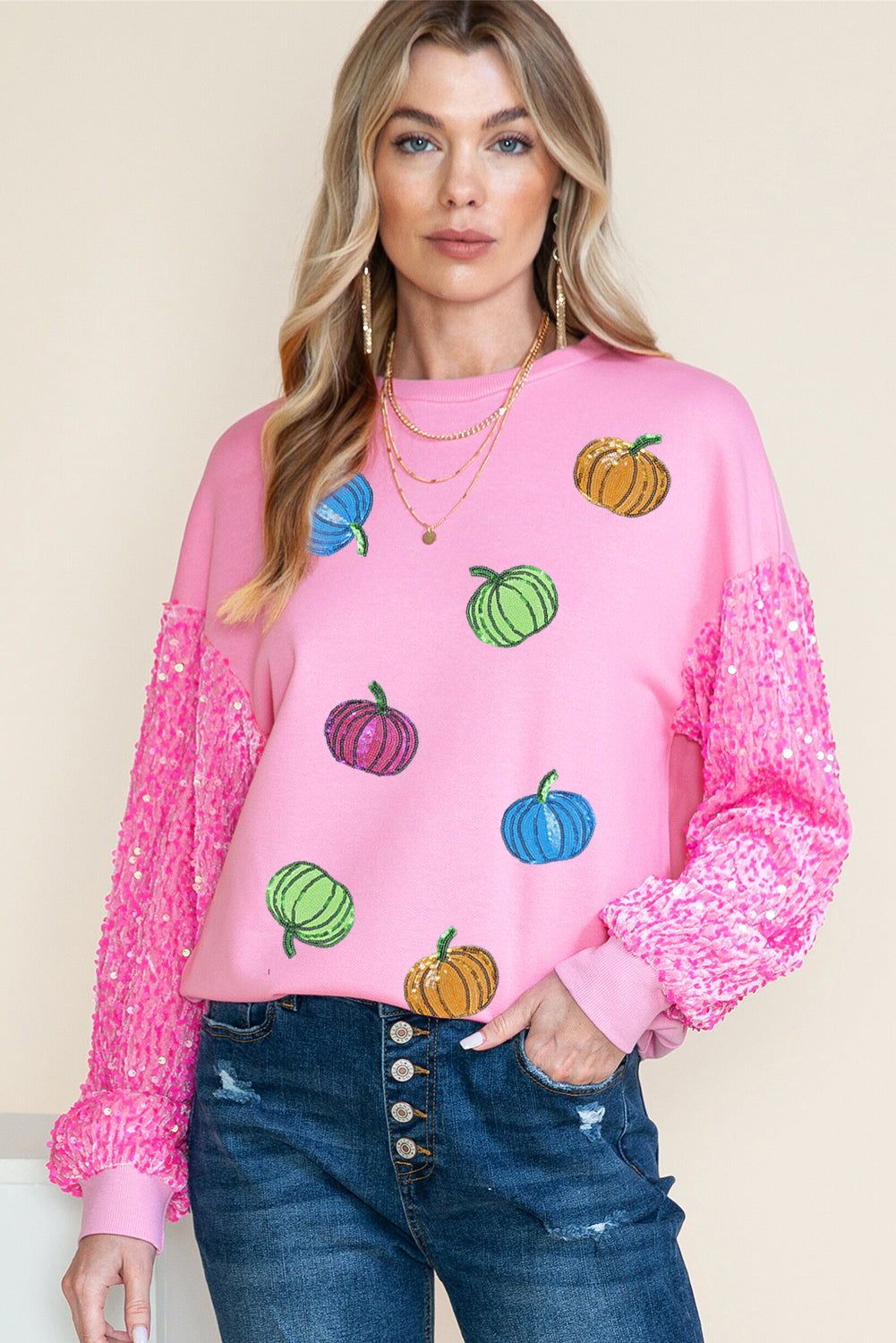 White Colorful Pumpkin Sequin Patched Drop Shoulder Sweatshirt