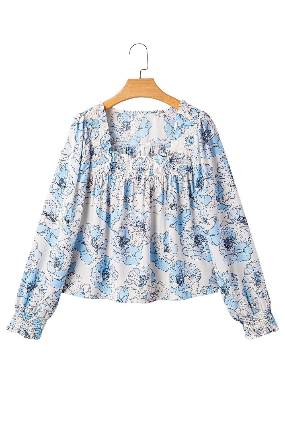 Sky Blue Floral Print Tie Neck Long Sleeve Flowy Mini Dress