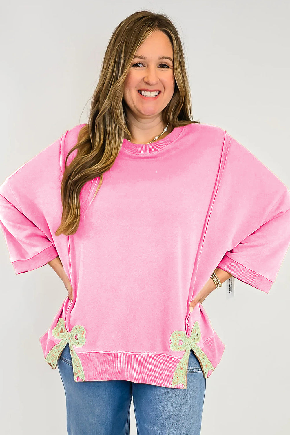 Beige Plus Size Raw Seam Detail Floral Bow Patched Baggy Pullover