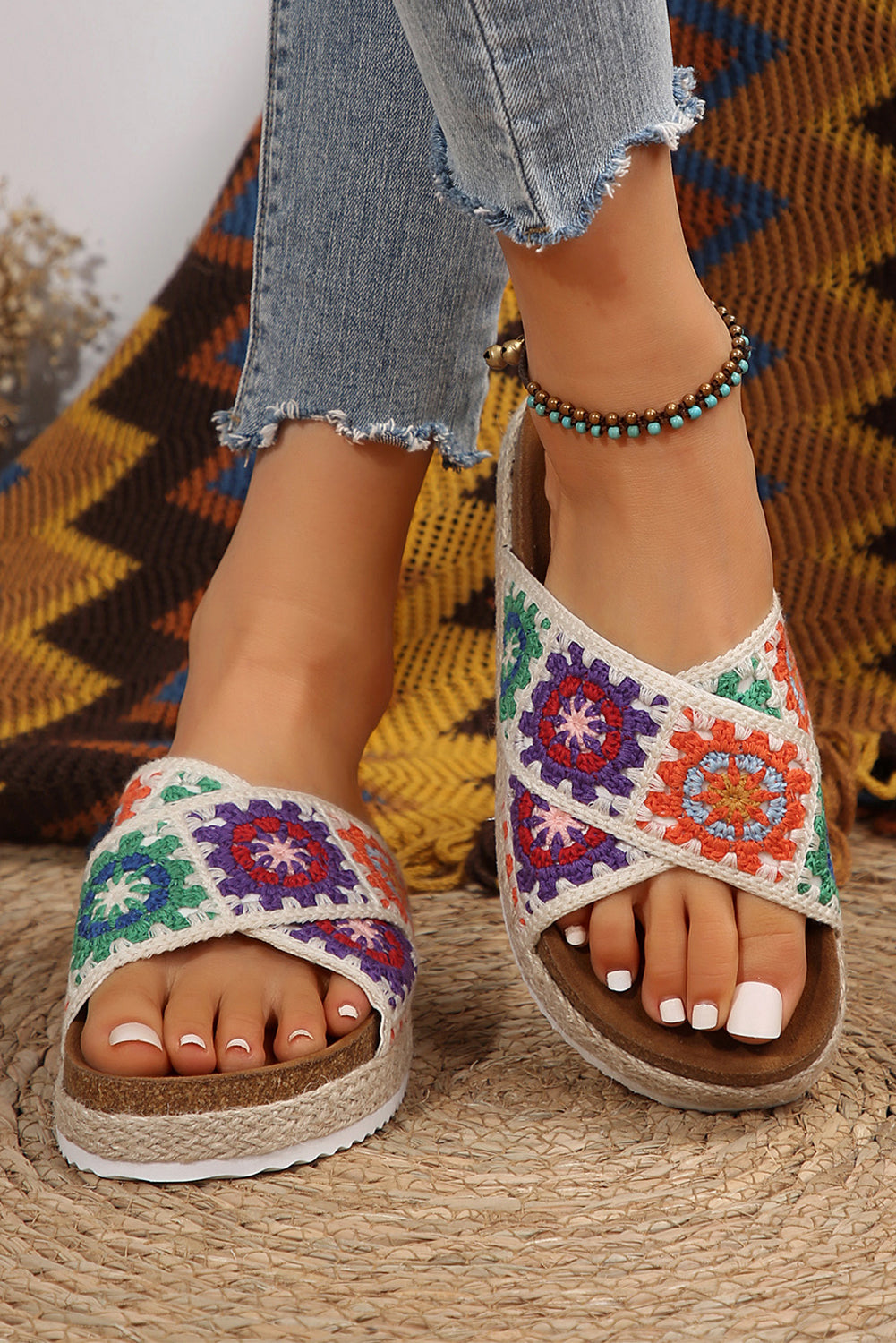 White Geometric Woven Crisscross Strap Platform Slippers