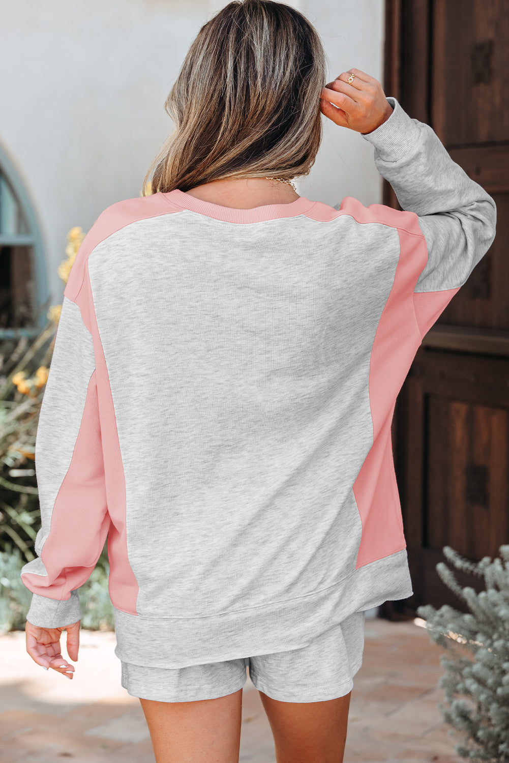 Light Grey Uneven Hem Colorblock Pullover Casual Shorts Plus Size 2pcs Outfit