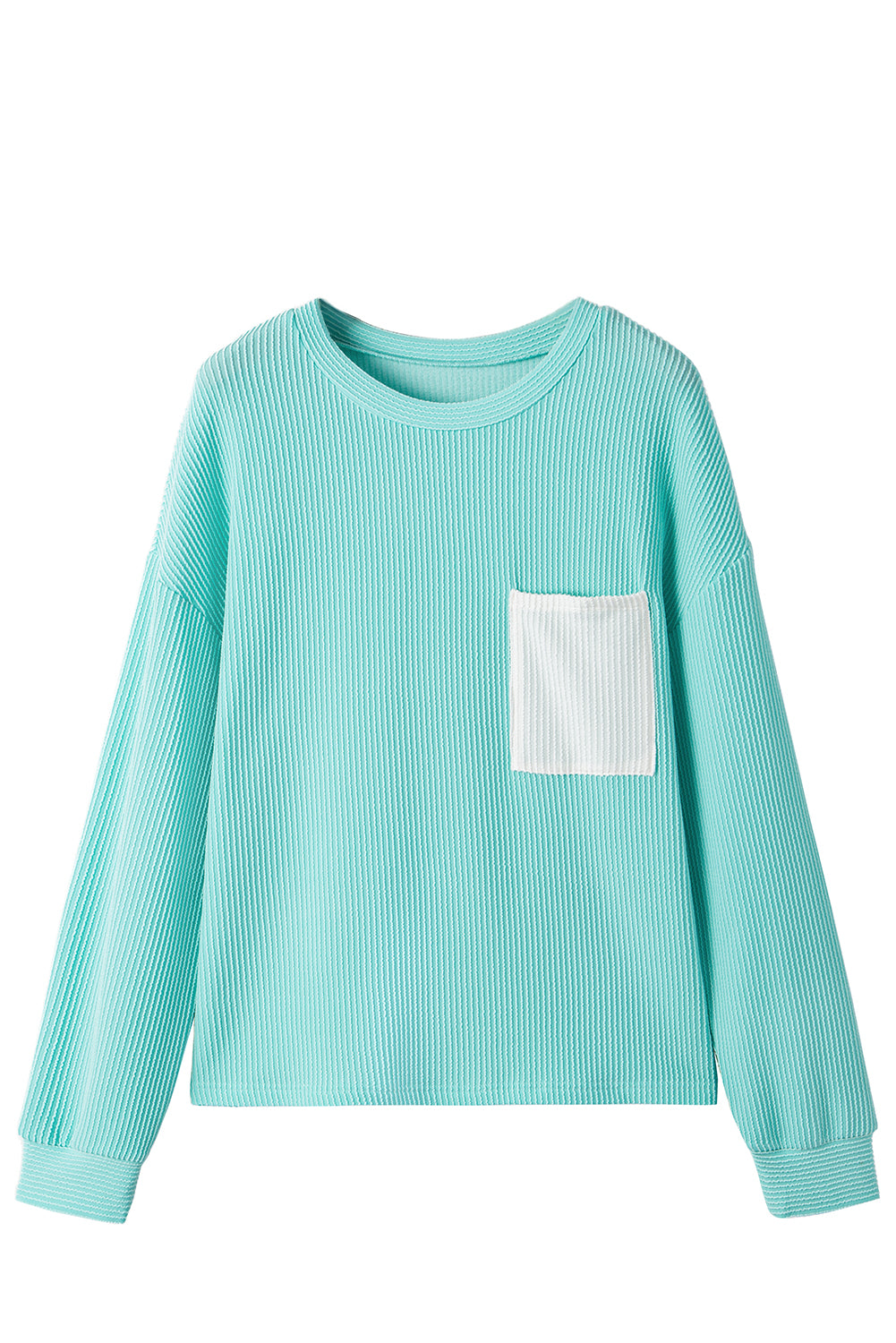 Dark Blue Corded Knit Color Block Pocketed Crew Neck T Shirt